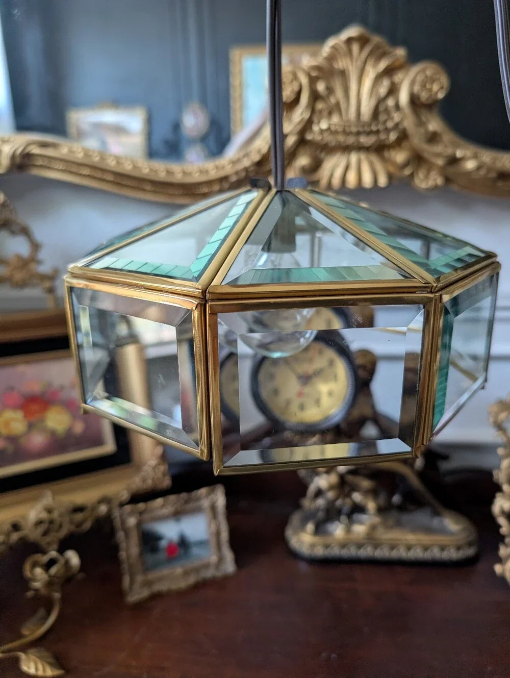 Vintage MCM Small pendant light, hexagonal brass frame, beveled glass, swag